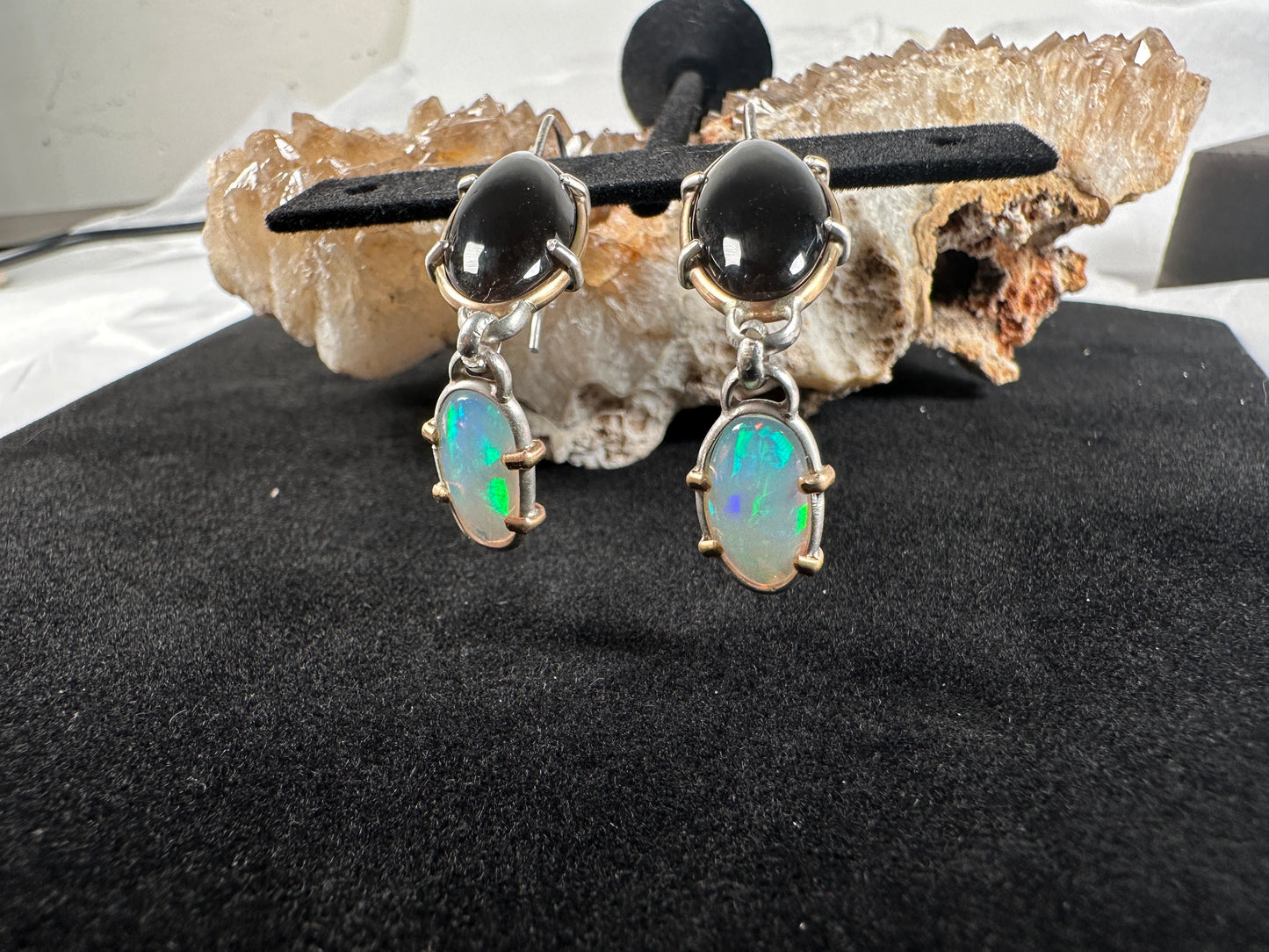 Opal and obsidian earrings