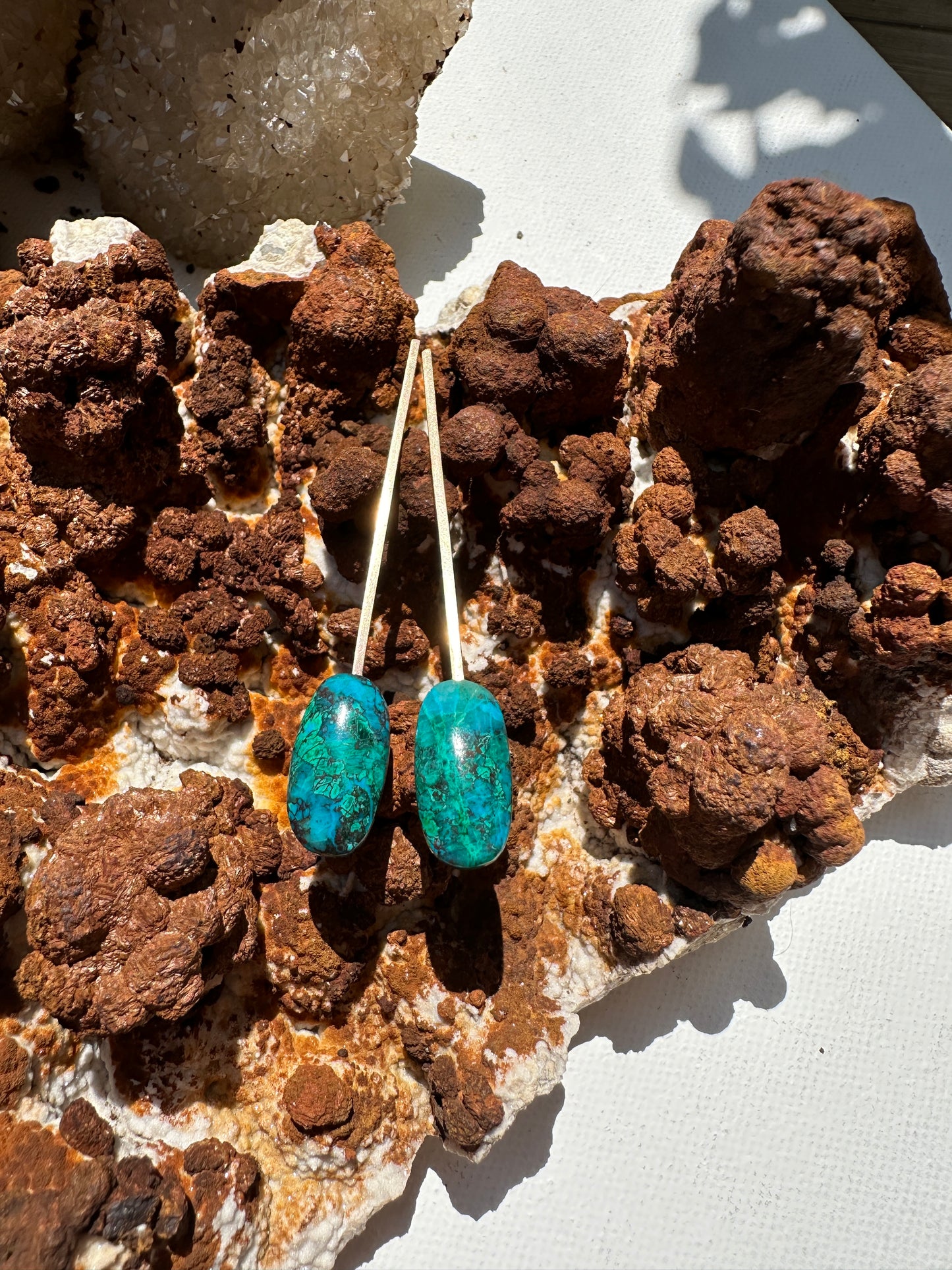 Malachite, chrysocolla, red cuprite drop stud - Oval
