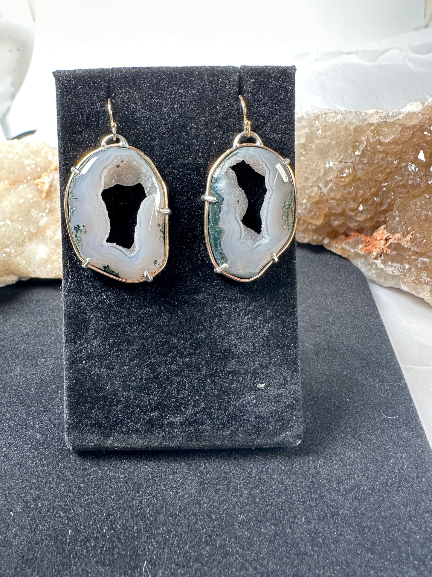 Moss agate geode earrings
