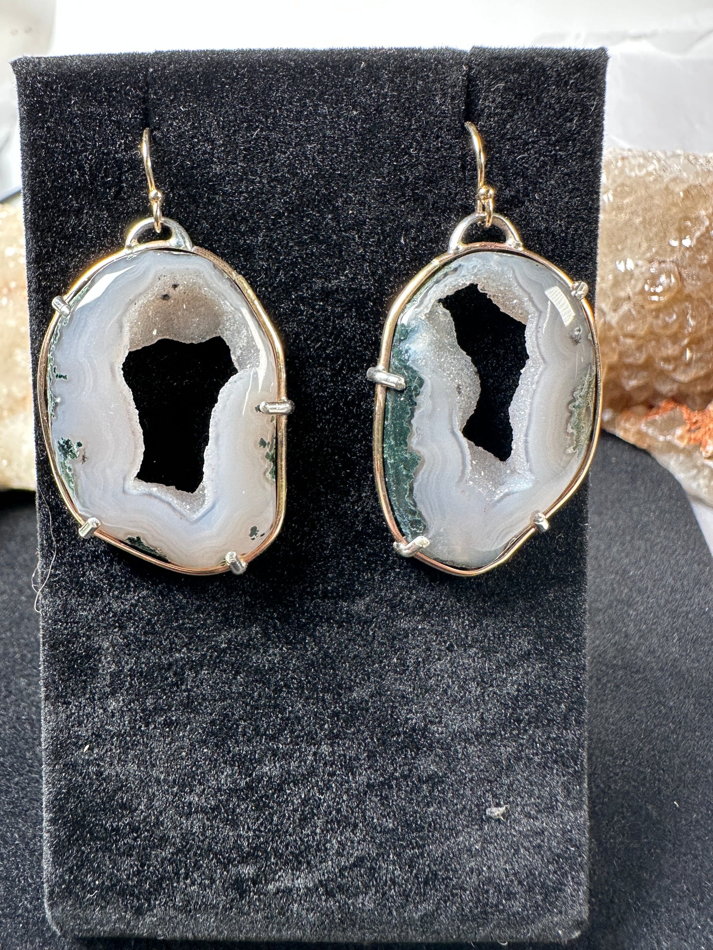 Moss agate geode earrings