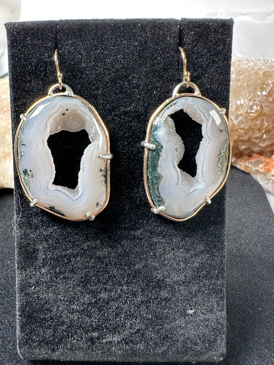 Moss agate geode earrings