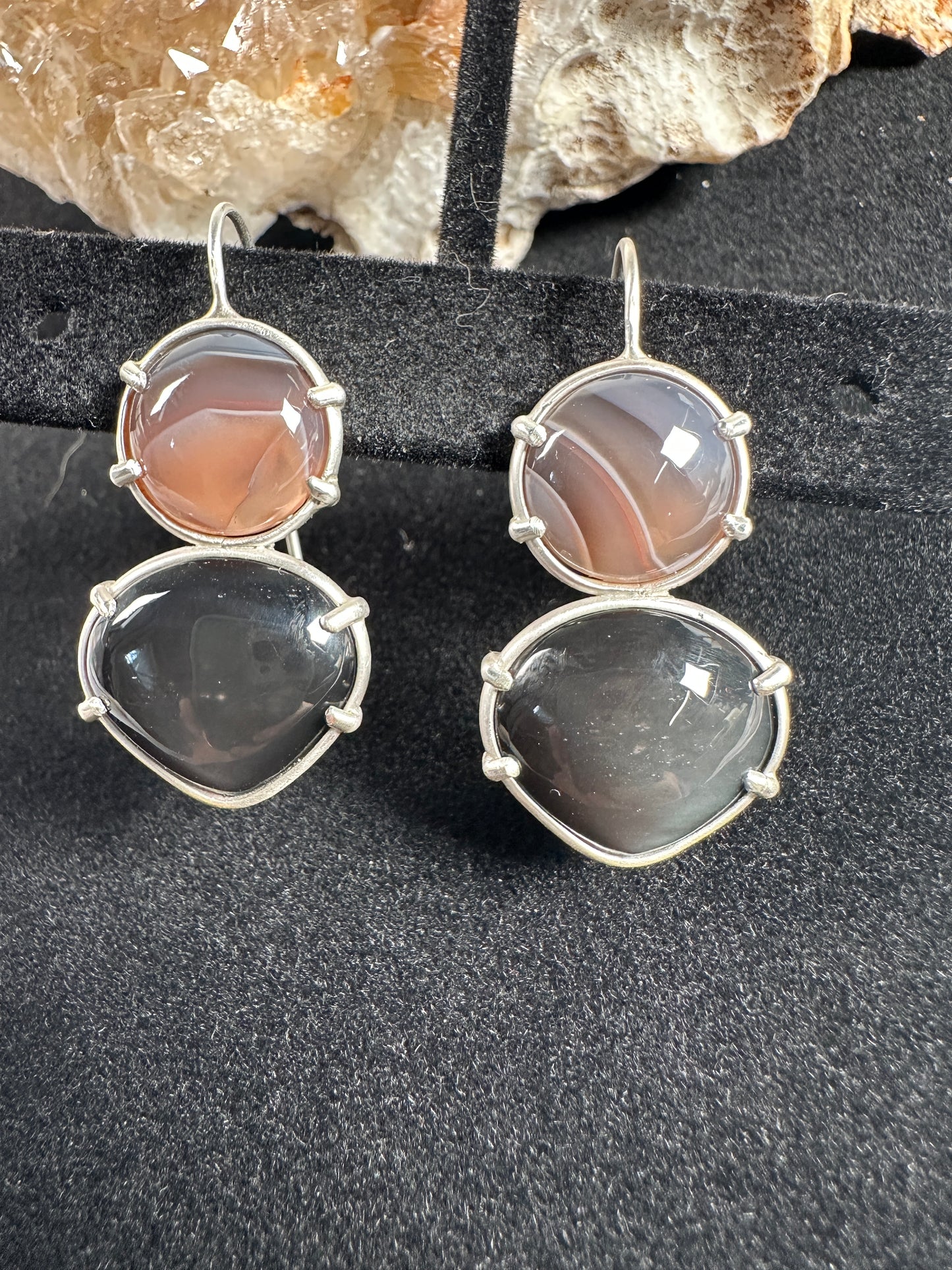 Lake Superior agate & rainbow obsidian earrings