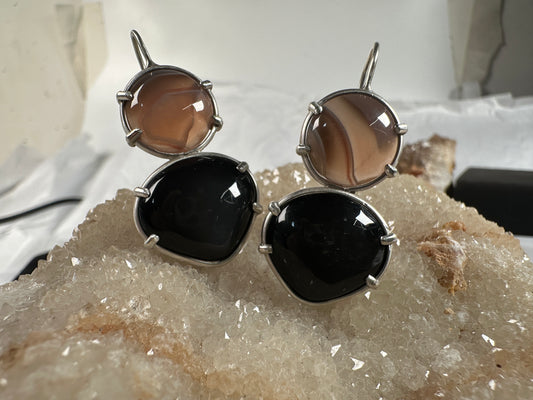 Lake Superior agate & rainbow obsidian earrings