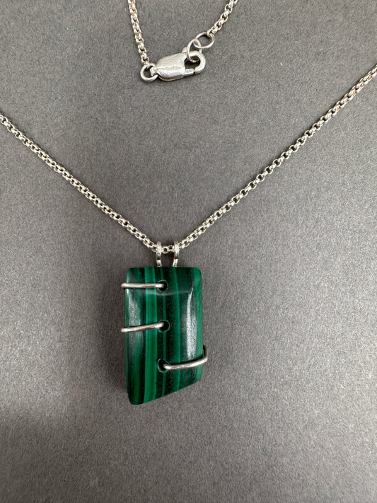 Malachite - stitched metal necklace